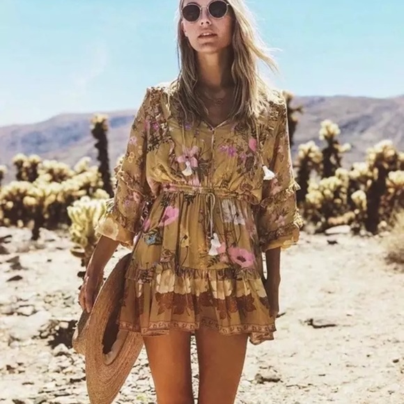 SOLD OUT Golden Floral Ruffle Fall Boho Long Sleeve Dress - Picture 3 of 12